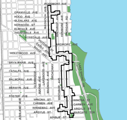 Hollywood/Sheridan TIF district, roughly bounded on the north by Rosemont Avenue, Ainslie Street on the south, Sheridan Road on the east, and Magnolia Avenue on the west.